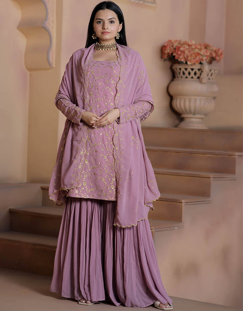 Traditional Function Wear Readymade Suit Collection Lavender Faux Georgette Sarara Suit Front View